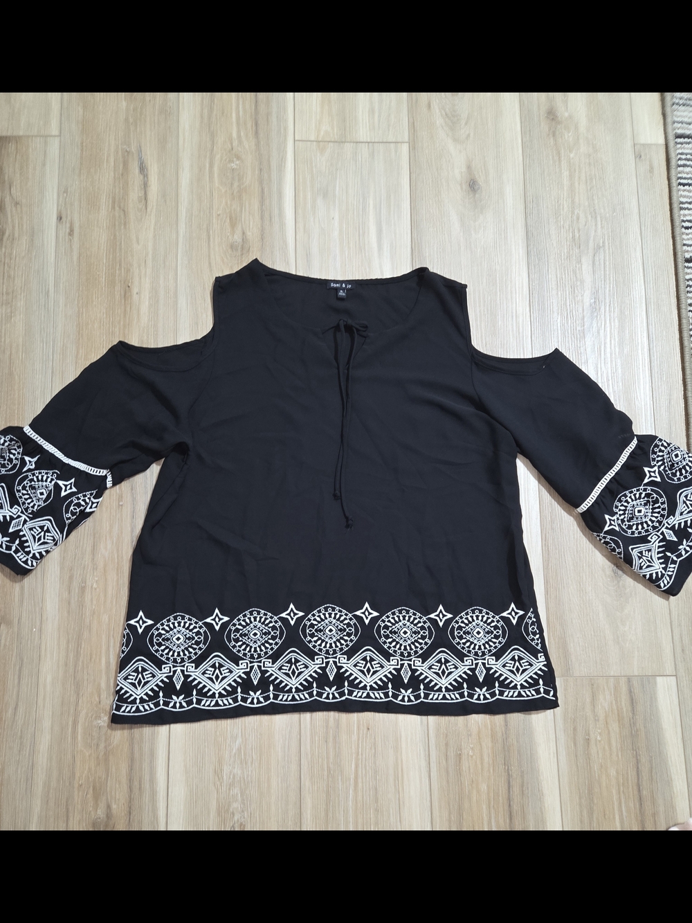 Sami & Jo Black Cold-Shoulder Long Sleeve Top with White Embroidery